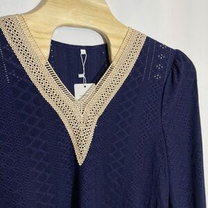Womens‎ XL Guipure Lace Deep V Neck Long Sleeve Shirt Navy Blue Blouse Tunic Top